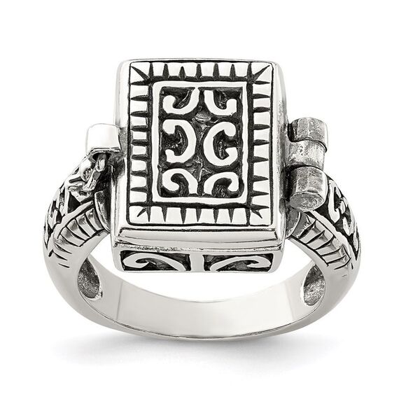Kazi Luxury Sterling Silver Antiqued Rectangular Locket Ring